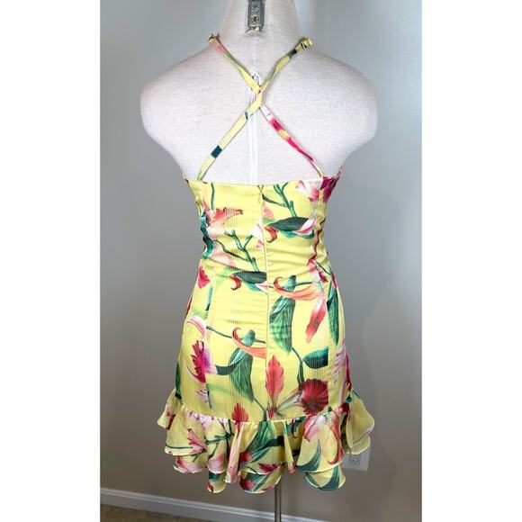 PATBO Laelia Cutout Floral Halterneck Criss Cross Yellow Mini Dress Size 4 - Picture 6 of 8